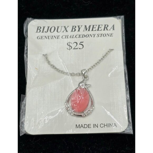 Bijoux By Meera Genuine Pink Chalcedony Stone Pendant w/ Silver Tone Rolo Chain - Picture 7 of 7